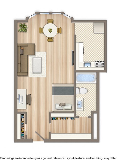 norwood studio apartment floor plan rendering
